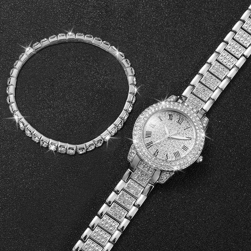 6PCs Set Women's Watch Luxury Diamond Set Quartz Rose Steel Belt Watch Gold Silver Rose Gold Double Row Diamond Bracelet