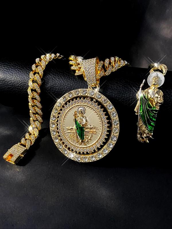 Hip Hop Jewelry Set, Rhinestone Decor St. Jude Necklace & Link Bracelet, Fashion Jewelry for Party, Daily Clothing Decor, Trendy All-match & Exquisite Jewelry for Birthday Gift