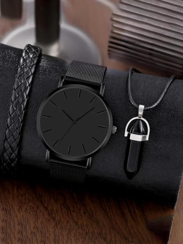 Men's Business Round Dial Quartz Watch & Braided Design Bracelet & Pendant Necklace Set, without Box, Trendy All-match & Exquisite Watch Set As Gift