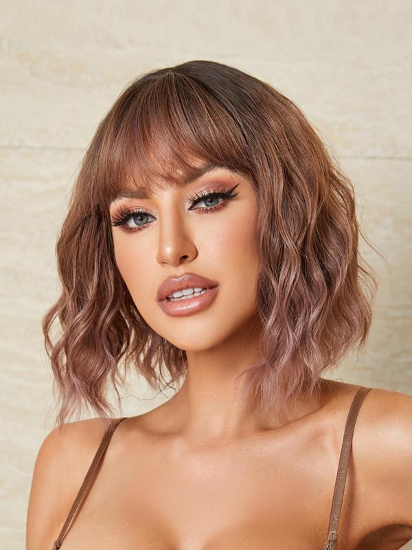 12 Inch Short Water Wavy Wig, Gorgeous Fluffy Wigs with Blunt Bangs, Glueless Wigs Ready To Wear, Natural Look Synthetic Full Machine Replacement Wigs for Party, Daily Use