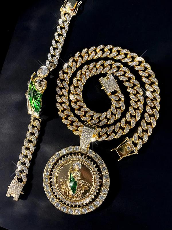 Hip Hop Jewelry Set, Rhinestone Decor St. Jude Necklace & Link Bracelet, Fashion Jewelry for Party, Daily Clothing Decor, Trendy All-match & Exquisite Jewelry for Birthday Gift