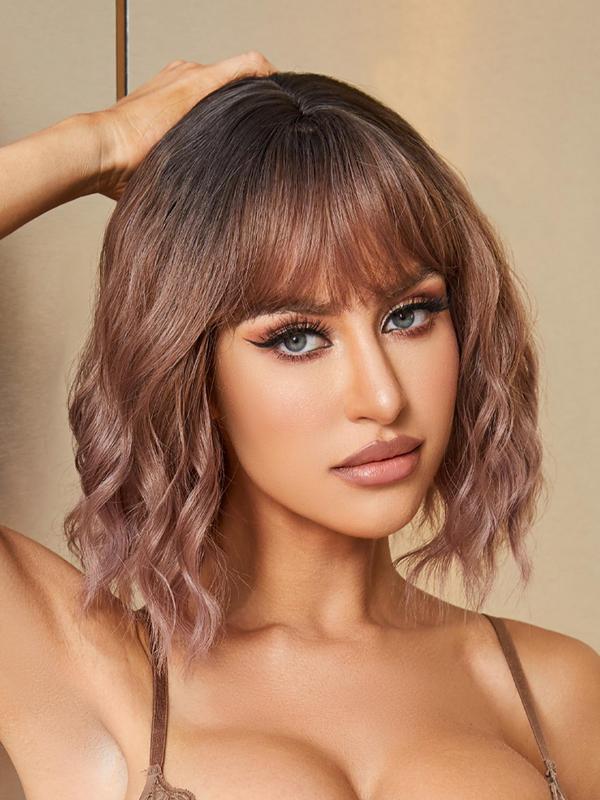 12 Inch Short Water Wavy Wig, Gorgeous Fluffy Wigs with Blunt Bangs, Glueless Wigs Ready To Wear, Natural Look Synthetic Full Machine Replacement Wigs for Party, Daily Use