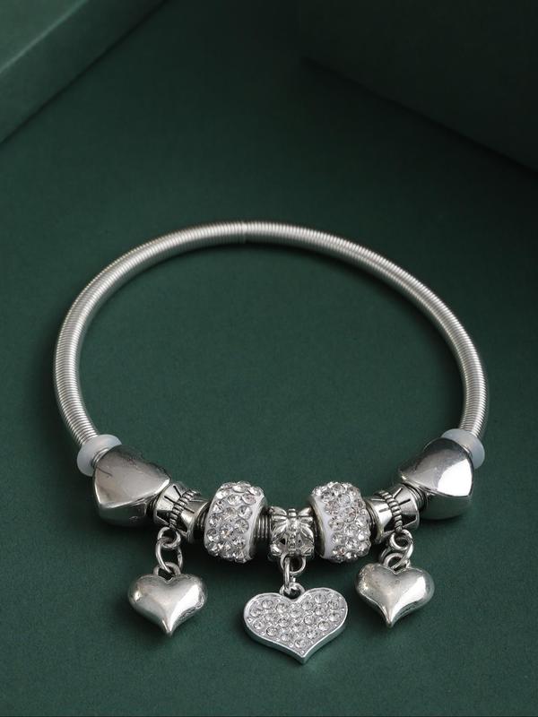 Women's Elegant Rhinestone Decorated Heart Charm Bracelet, Stainless Steel Trendy Cute Bracelet, Fashionable Jewelry for Women As Gift