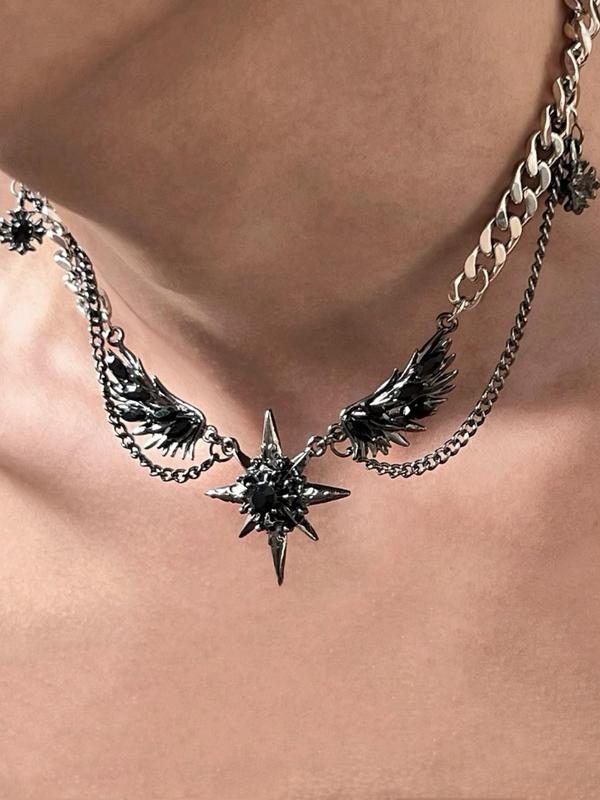 Punk Style Wing Star Design Pendant Necklace, Street Trendy Charm Necklace for Party, Daily Decor, Trendy All-match & Exquisite Jewelry for Birthday Gift