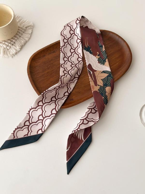 Women's Elegant Floral & Crane Print Scarf, 2024 New Style Casual Trendy Soft Comfortable Shawl for Women & Girls, Fashionable Scarf for All Seasons