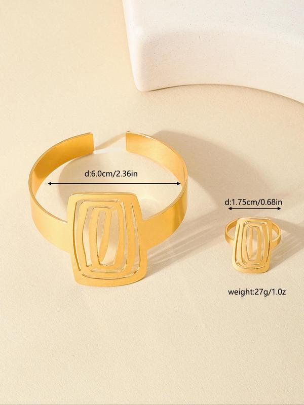 Women's Elegant Hollow Out Design Cuff Bangle & Ring, Exquisite Trendy Adjustable Ring & Bangle, Fashionable Jewelry Set for Women As Gift