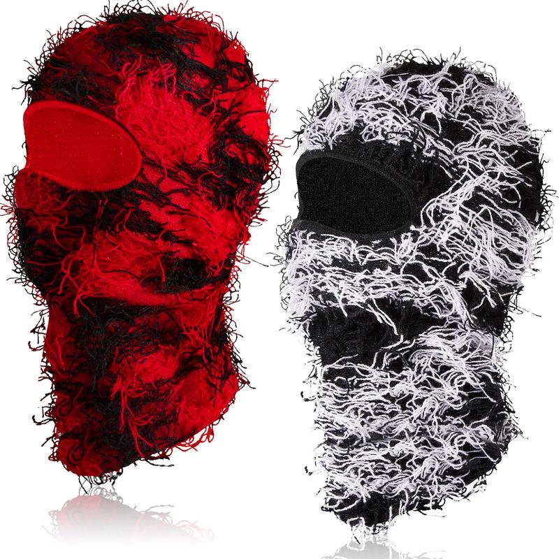 2 Count Distressed Balaclava Ski Mask Knitted Windproof Premium Yeat Men Women Cream Fuzzy Distressed Beanie Hat Cozy Cap Full Face Mask Cold Weather