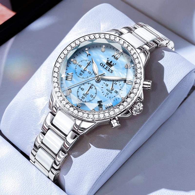 OLEVS Women's Diamond Watch, Waterproof Ceramic Multifunctional Luminous Quartz, Stainless Steel Strap, Day Date Window