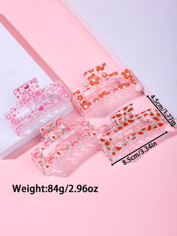 Cute Fruit Ditsy Floral Pattern Hair Claws, 4 Counts set Transparent Non-slip Claw Clips, Casual and Versatile Hair Accessories for Women, Minimalist Headwear Suitable for Thick Hair