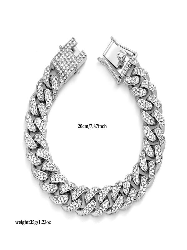 Punk Rhinestone Decor Cuban Link Chain Necklace & Bracelet, Fashion Street Style Jewelry Set for Party, Daily Decor, Trendy Exquisite Hip Hop Jewelry Set for Gift