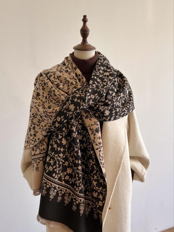 Boho Style Floral Print Fringe Trim Shawl, Casual Soft Warm Double Sided Scarf for Fall & Winter, Fashion Accessories for Women & Men