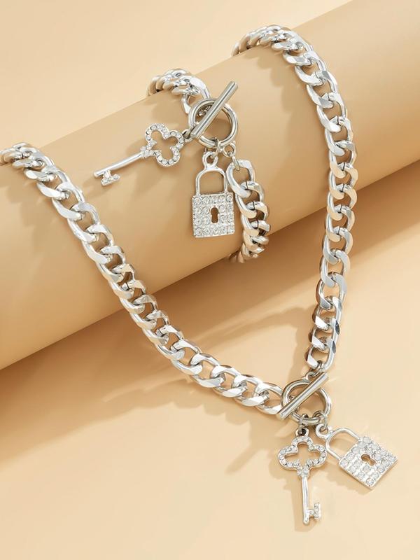 Women's Fashion Lock & Key Pendant Chain Bracelet & Necklace (2pcs), with Rhinestone Decor, Fashion Jewelry for Party, Daily Clothing Decor, Trendy All-match & Exquisite Jewelry for Birthday Gift