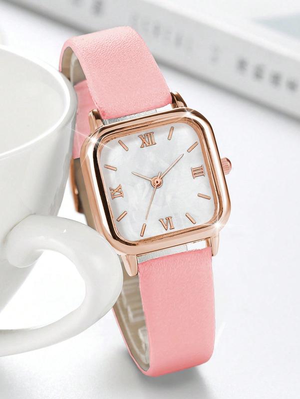 Ladies' Square Shaped And Minimalist Design Quartz Wrist Watch With Roman Numerals And Bracelet Set (2pcs set)