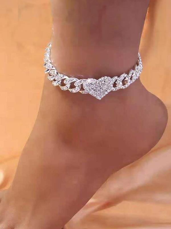 Elegant Rhinestone Decorated Heart Design Ankle Bracelet for Women, Exquisite Trendy Hip Hop Iced Out Jewelry Anklet, Fashionable Body Jewelry for Women & Girls