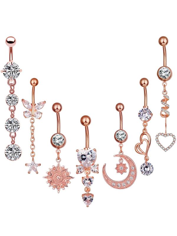 Rhinestone Decorated Navel Ring, 2024 Summer Butterfly & Heart & Moon & Star & Sun & Butterfly Charm Navel Ring for Women & Men, Body Piercing Jewelry for Party, Daily Decor
