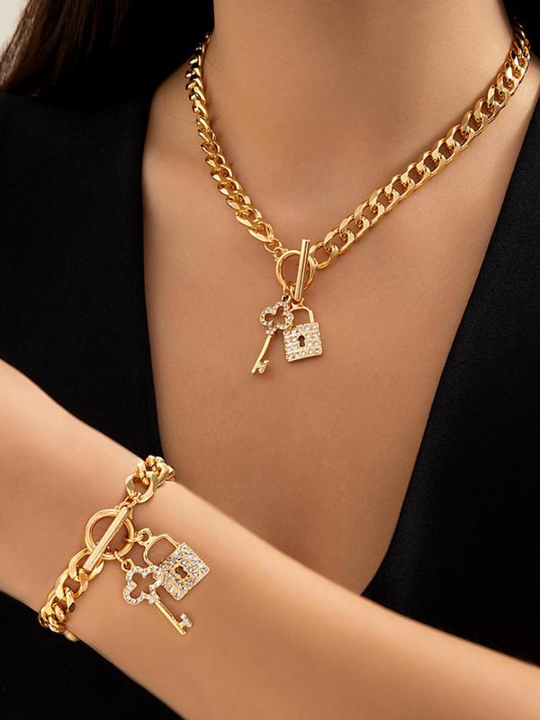 Women's Fashion Lock & Key Pendant Chain Bracelet & Necklace (2pcs), with Rhinestone Decor, Fashion Jewelry for Party, Daily Clothing Decor, Trendy All-match & Exquisite Jewelry for Birthday Gift