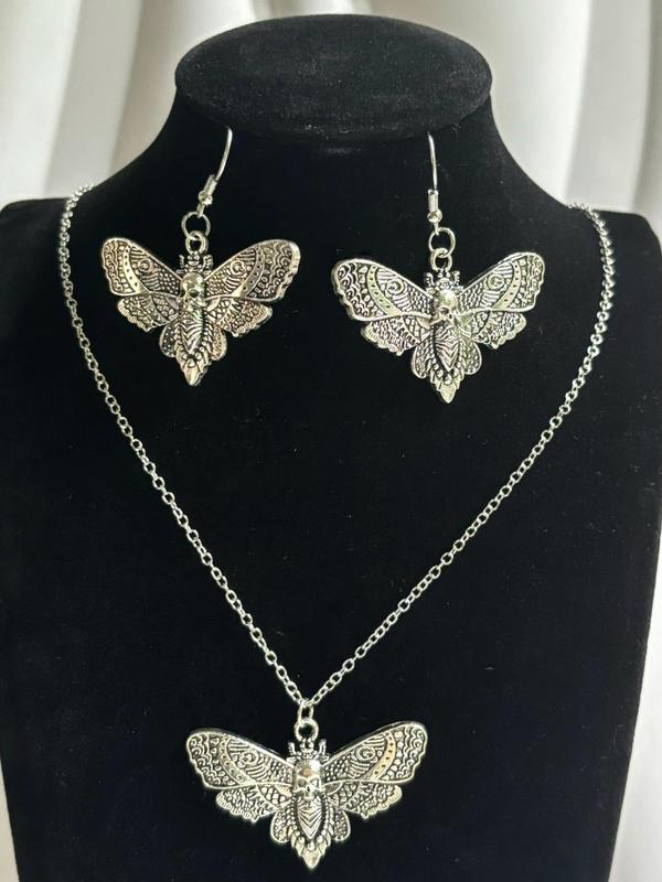 Women's Cute Insect Moth Design Jewelry Set, Fashion Necklace & Dangle Earrings for Party, Daily Decor, Trendy Gothic Retro Style Jewelry for Birthday Gift