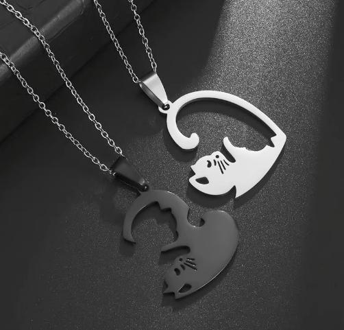 Hot Hug Love Pet Cat Pairing Couple Necklace - Stainless Steel Men Women Best Friend Bff Pendant Jewelry Gift