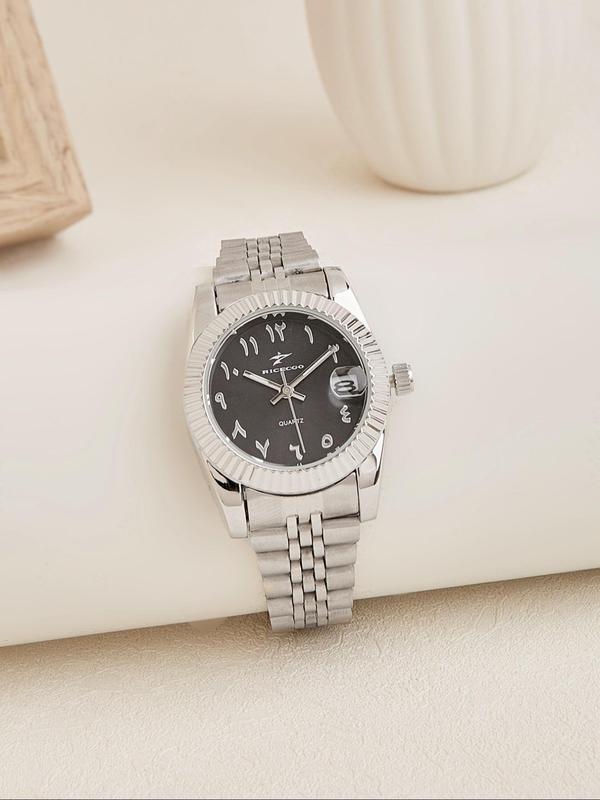 Women's Elegant Oval Dial Quartz Watch, Calendrier Stainless Steel Strap Wristwatch, Trendy Watch for Women As Gift with Box