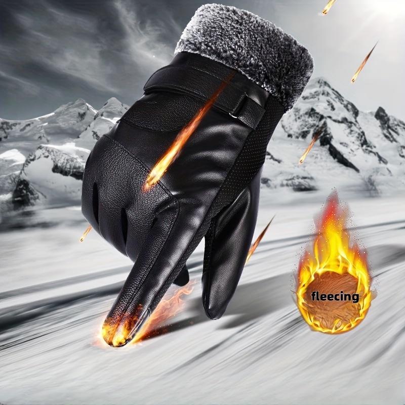 Unisex Carrken Fashionable Faux Leather Gloves-Winter Warm Full Finger Gloves, Lined with Wool, Touch Screen Compatible, Windproof, Thick Warm, Non-Textile Woven, Solid Color-Hand Wash Or Dry Cleaning