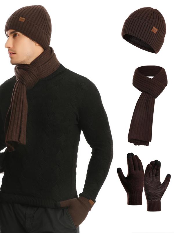 3pcs Men's & Women Winter Outdoor Sweater Scarf & Hat & Gloves Set, Casual Solid Color Touch Screen Non-slip Fashion Accessory Sets for Fall & Winter for Daily Wear