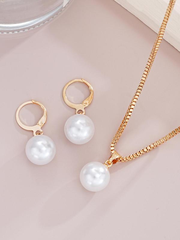 Elegant Faux Pearl Decorated Jewelry Set, Including Pendant Necklace & Dangle Earrings, Fashion Jewelry Accessories for Women As Gift