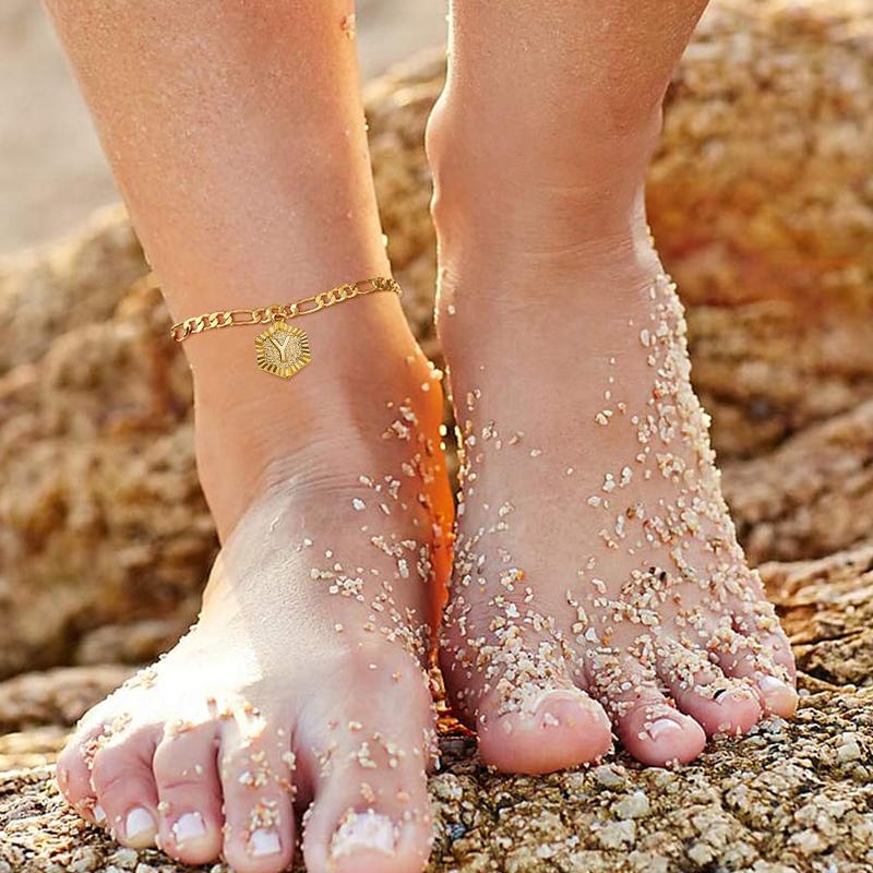 FindChic Initial 26 Letters A-Z Anklet Gold-plated 5mm Chain Anklets Bracelet with Letters Mariner Chain Figaro Chain Anklet  Adjustable For Women Men Girlfriend