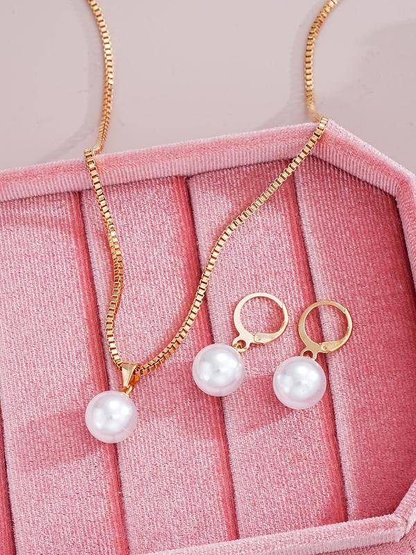 Elegant Faux Pearl Decorated Jewelry Set, Including Pendant Necklace & Dangle Earrings, Fashion Jewelry Accessories for Women As Gift