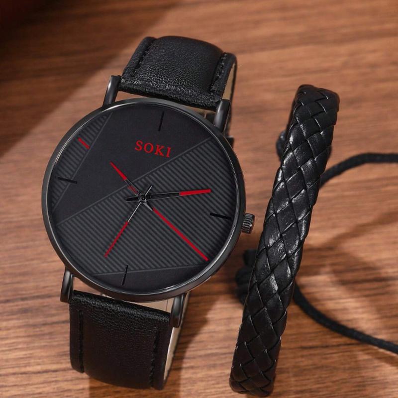 Men Watch 2pcs Set Men's Casual Black Quartz Watch And Bracelet Watch For Men Father's Day Gifts