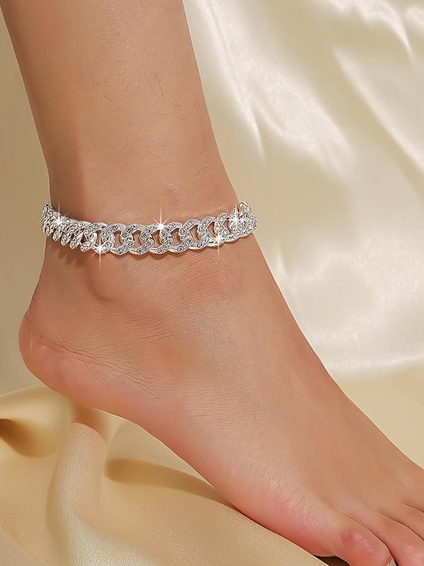 Rhinestone Decorated Cuban Chain Anklet for Women & Girls, Fashion Jewelry for Party, Daily Clothing Decor, Trendy All-match & Exquisite Jewelry for Birthday Gift