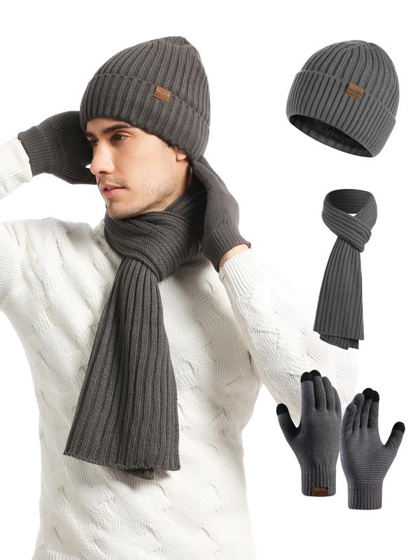 3pcs Men's & Women Winter Outdoor Sweater Scarf & Hat & Gloves Set, Casual Solid Color Touch Screen Non-slip Fashion Accessory Sets for Fall & Winter for Daily Wear