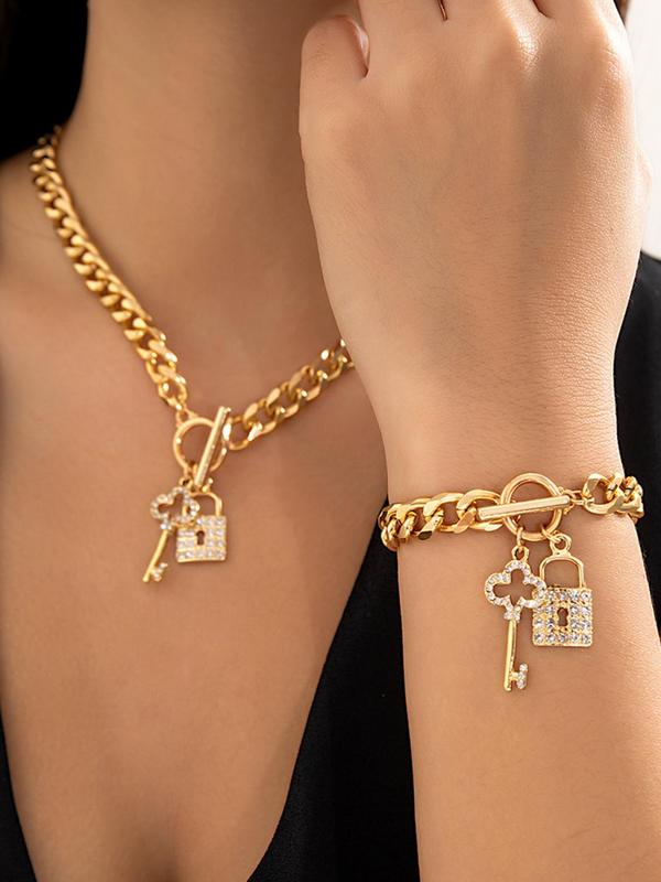 Women's Fashion Lock & Key Pendant Chain Bracelet & Necklace (2pcs), with Rhinestone Decor, Fashion Jewelry for Party, Daily Clothing Decor, Trendy All-match & Exquisite Jewelry for Birthday Gift