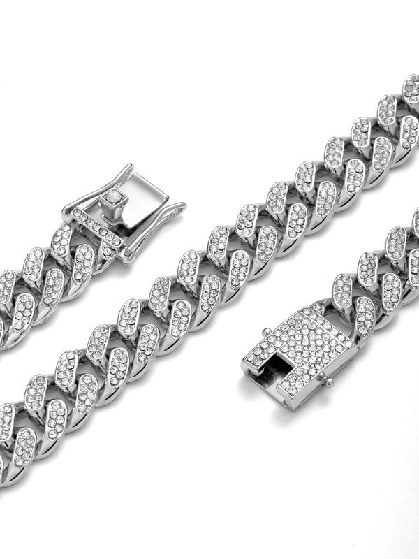 Punk Rhinestone Decor Cuban Link Chain Necklace & Bracelet, Fashion Street Style Jewelry Set for Party, Daily Decor, Trendy Exquisite Hip Hop Jewelry Set for Gift