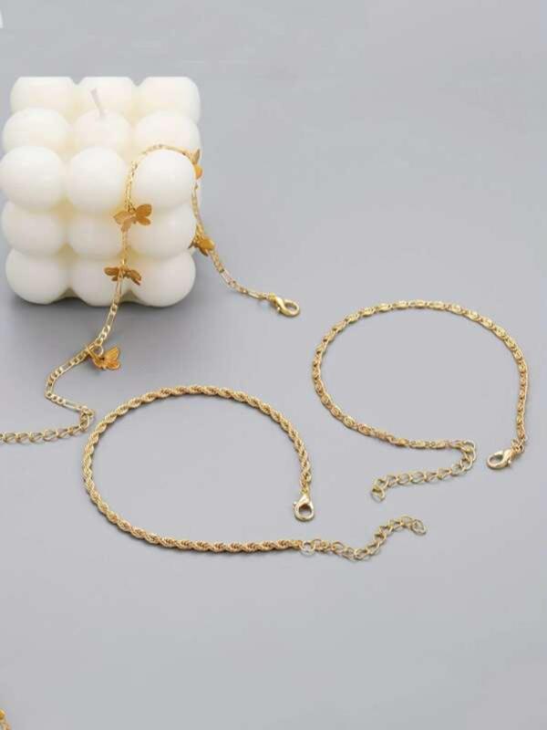 Summer 2024 Elegant Style Mini Butterfly & Chain Decor Anklet, 3 Counts Butterfly Charm Anklet Chain, Fashion Body Accessories for Women