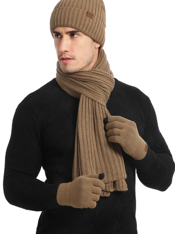 3pcs Men's & Women Winter Outdoor Sweater Scarf & Hat & Gloves Set, Casual Solid Color Touch Screen Non-slip Fashion Accessory Sets for Fall & Winter for Daily Wear