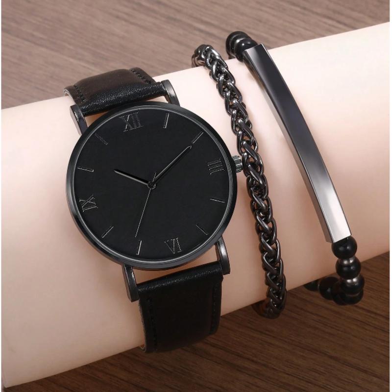 Men Watch 2pcs Set Men's Casual Black Quartz Watch And Bracelet Watch For Men Father's Day Gifts