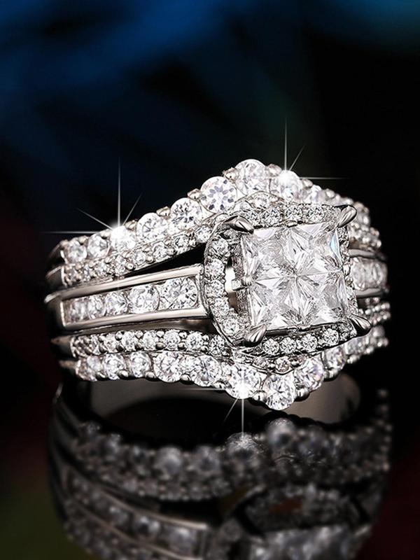 Square Shaped Rhinestone Decorated Ring, Luxury Engagement Ring for Women, Fashion Jewelry for Party, Daily Clothing Decor, Trendy Jewelry for Birthday Gift