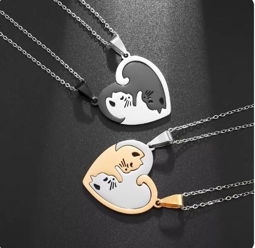 Hot Hug Love Pet Cat Pairing Couple Necklace - Stainless Steel Men Women Best Friend Bff Pendant Jewelry Gift