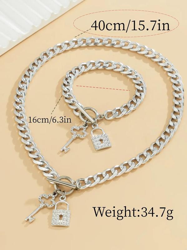 Women's Fashion Lock & Key Pendant Chain Bracelet & Necklace (2pcs), with Rhinestone Decor, Fashion Jewelry for Party, Daily Clothing Decor, Trendy All-match & Exquisite Jewelry for Birthday Gift