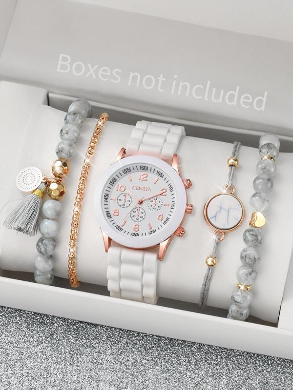 Women's Fashion Round Dial Quartz Watch and Beaded Bracelet Set, without Box, Fashion Watch & Jewelry for Party, Trendy All-match Watch for Gift