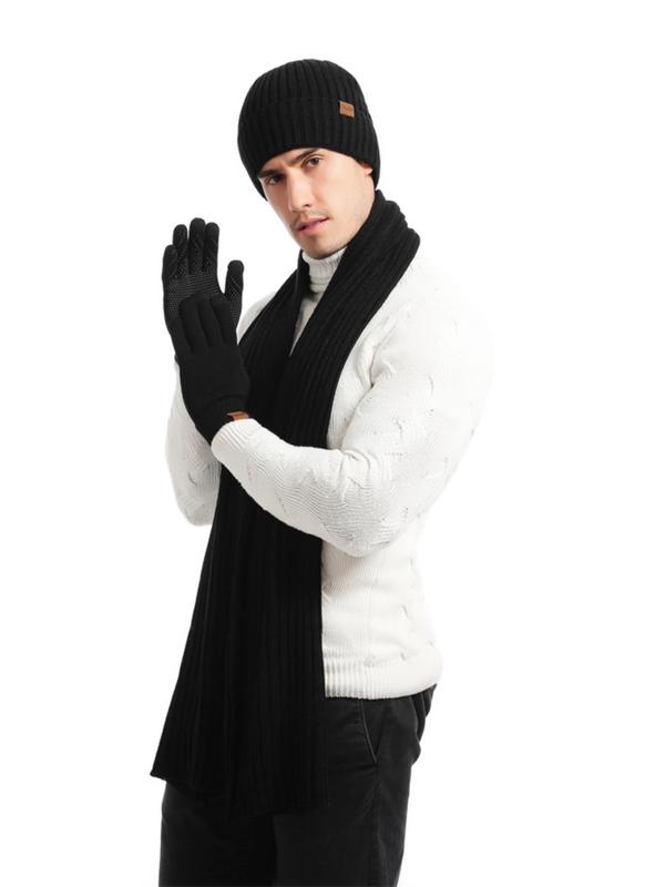 3pcs Men's & Women Winter Outdoor Sweater Scarf & Hat & Gloves Set, Casual Solid Color Touch Screen Non-slip Fashion Accessory Sets for Fall & Winter for Daily Wear