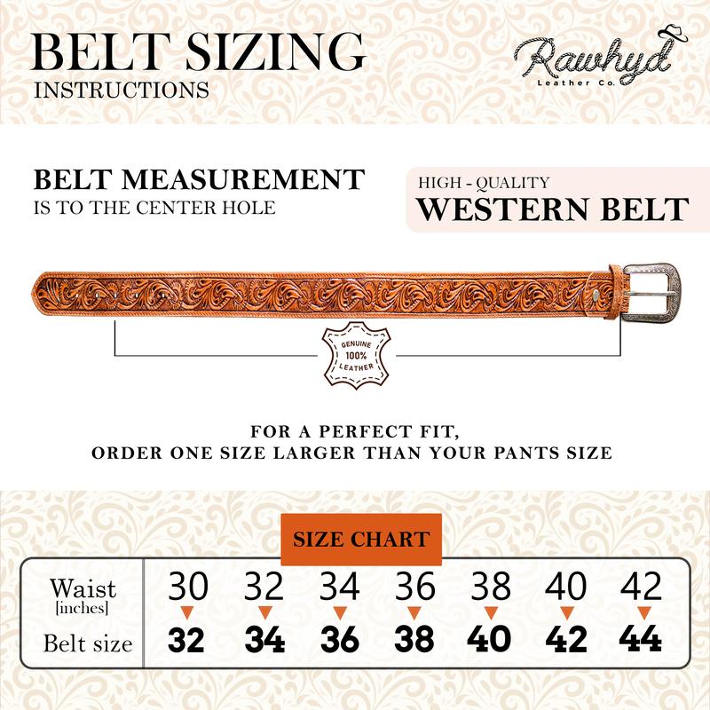 RAW HYD Leather Western Belts for Men - Cowboy Belts for Men - Mens Western Belt w Buckle - 1.5