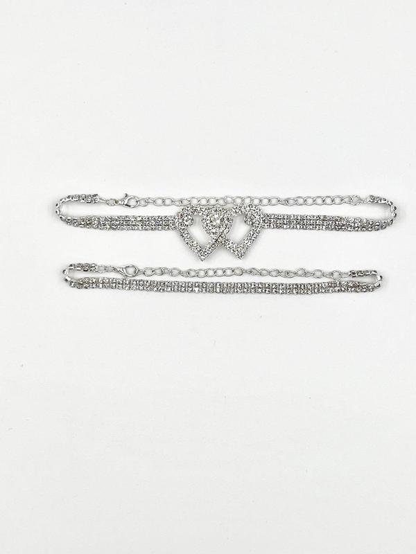 2pcs set Women's Elegant Rhinestone Heart Decor Anklet, Luxury Body Jewelry for Beach Wear, Fashionable Accessories for Women & Girls