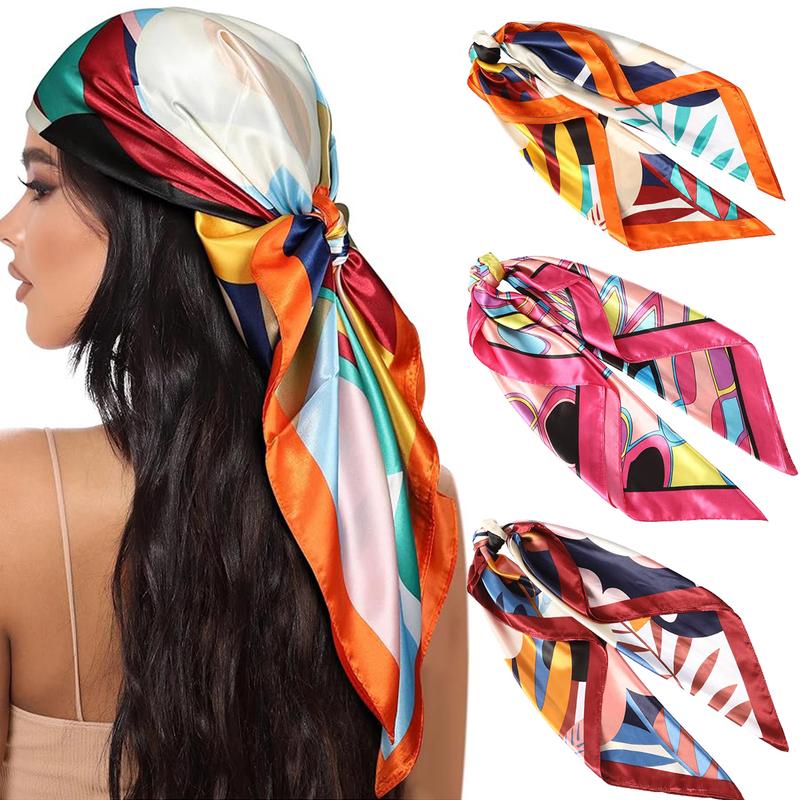 AWAYTR 3Pcs Set 35” Large Square Head Scarf Summer Dating Travel Commuting Silk Feeling Bandana Scarf for Women Fashion Multifunction Hair Kerchief