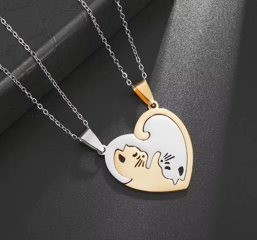 Hot Hug Love Pet Cat Pairing Couple Necklace - Stainless Steel Men Women Best Friend Bff Pendant Jewelry Gift