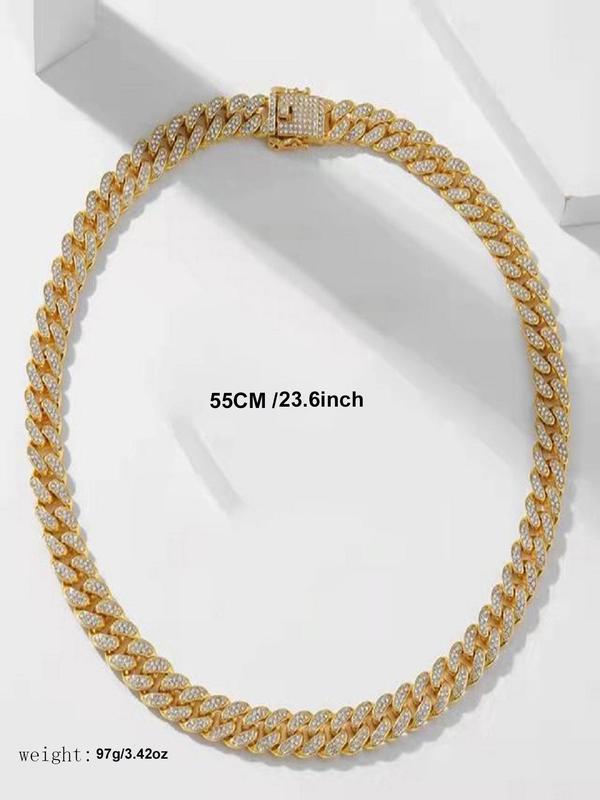 Punk Rhinestone Decor Cuban Link Chain Necklace & Bracelet, Fashion Street Style Jewelry Set for Party, Daily Decor, Trendy Exquisite Hip Hop Jewelry Set for Gift