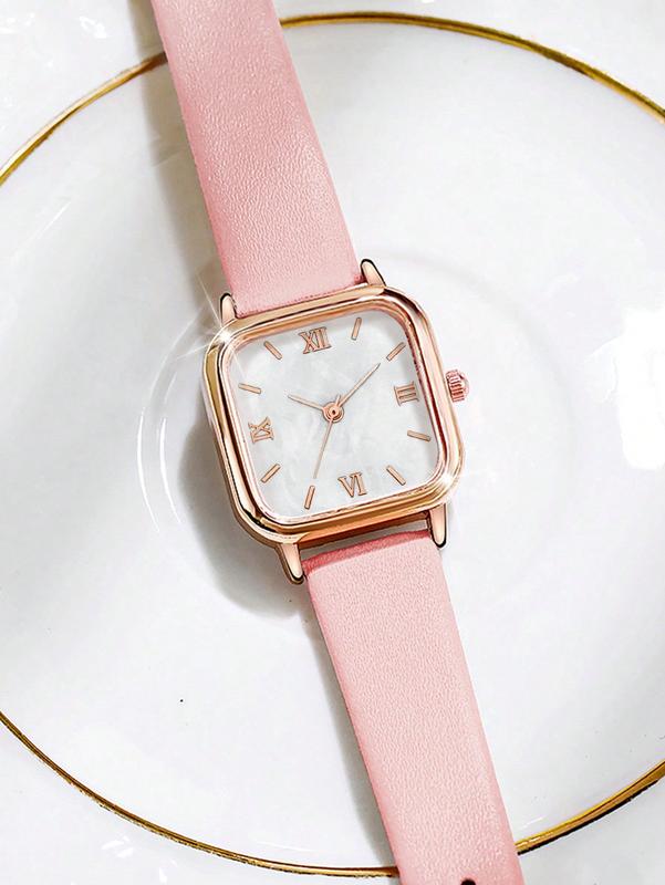 Ladies' Square Shaped And Minimalist Design Quartz Wrist Watch With Roman Numerals And Bracelet Set (2pcs set)