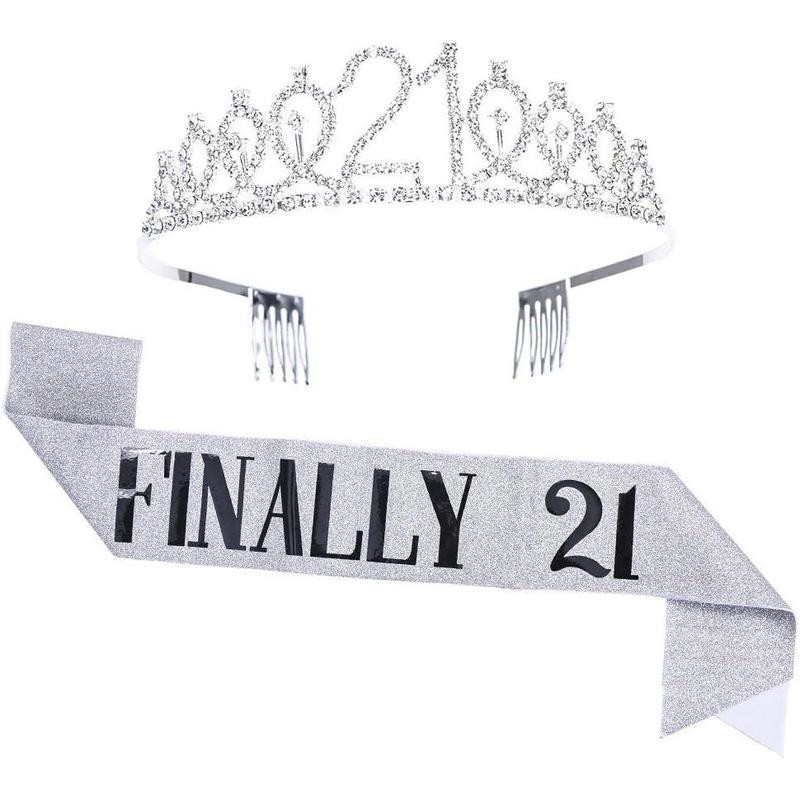 21st Birthday Tiara and Sash Set for Girls - Crystal Crown Birthday Gift, Silver Sash for Party Supplies