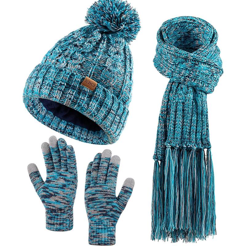 Women Winter Knit Warm Hat Beanie Scarf Gloves Set Pom Fleece Lined Hat with Long Knit Scarf, Neck Warmer Touchscreen Gloves winter hat