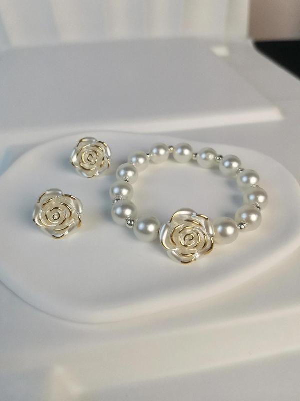 Women's Elegant Faux Pearl Decorated Flower Design Jewelry Set, Exquisite Trendy Beaded Bracelet & Earrings & Necklace, Chic Gorgeous Jewelry Set As Gift for Girlfriend